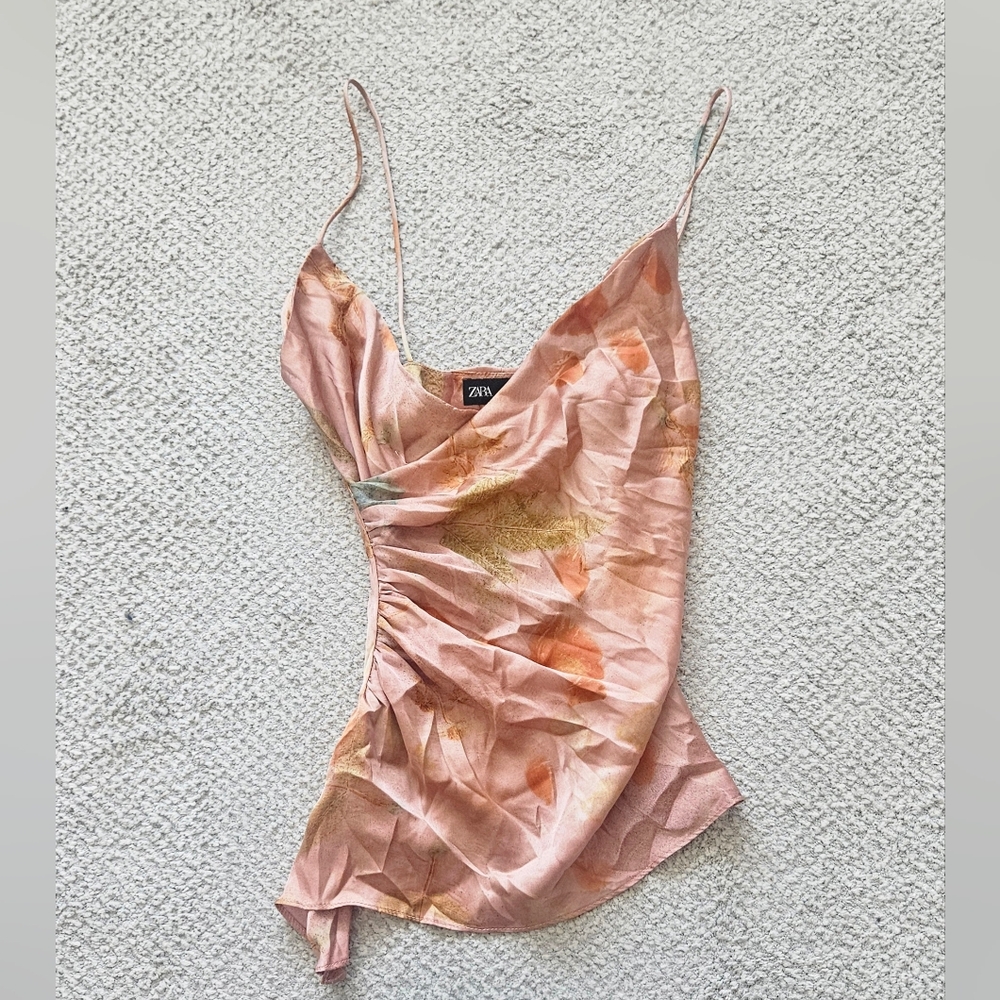 ZARA Pink Floral Printed Satin Ruched Side Cami Blouse XS NWT
